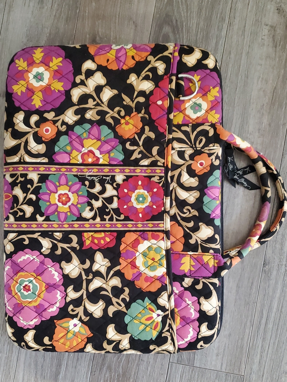 Quilted Floral Laptop Tote - Black Multicolor